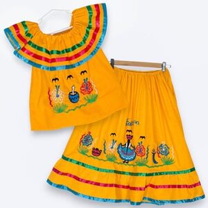 Yellow‎ Nicaragua Traditional Embroidered Ribbon Dress & Skirt Set Girls 8
